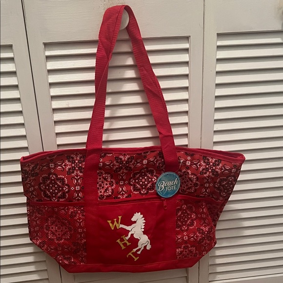 Beach Tote Handbags - # 0796+ Red Beach Tote Bag W/ WHT Logo Art…